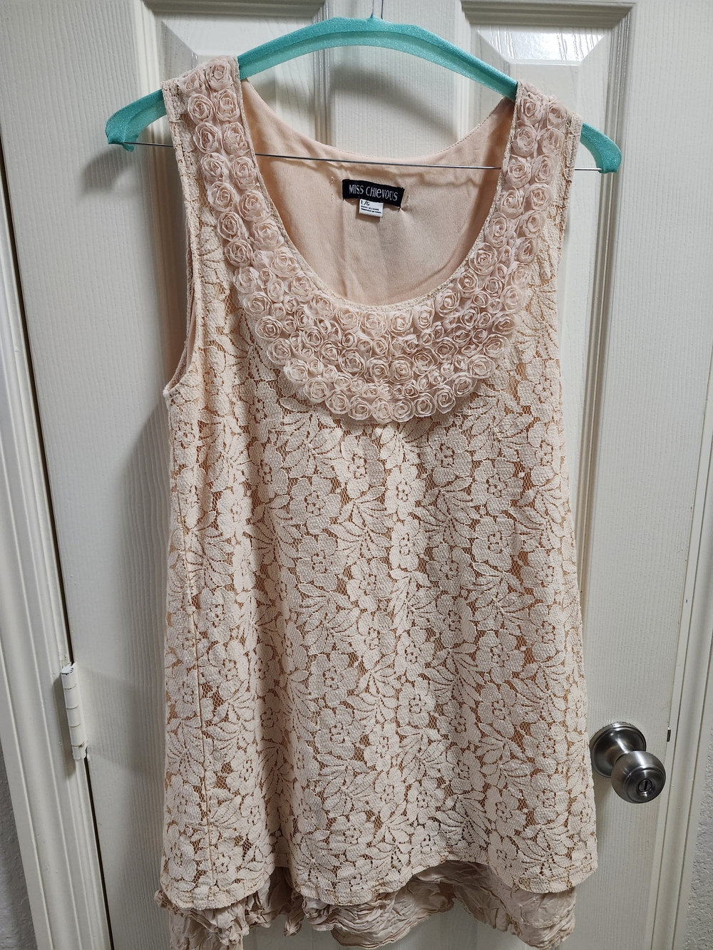 Miss Chievous Blush Floral Lace Tank with Rosette Collar